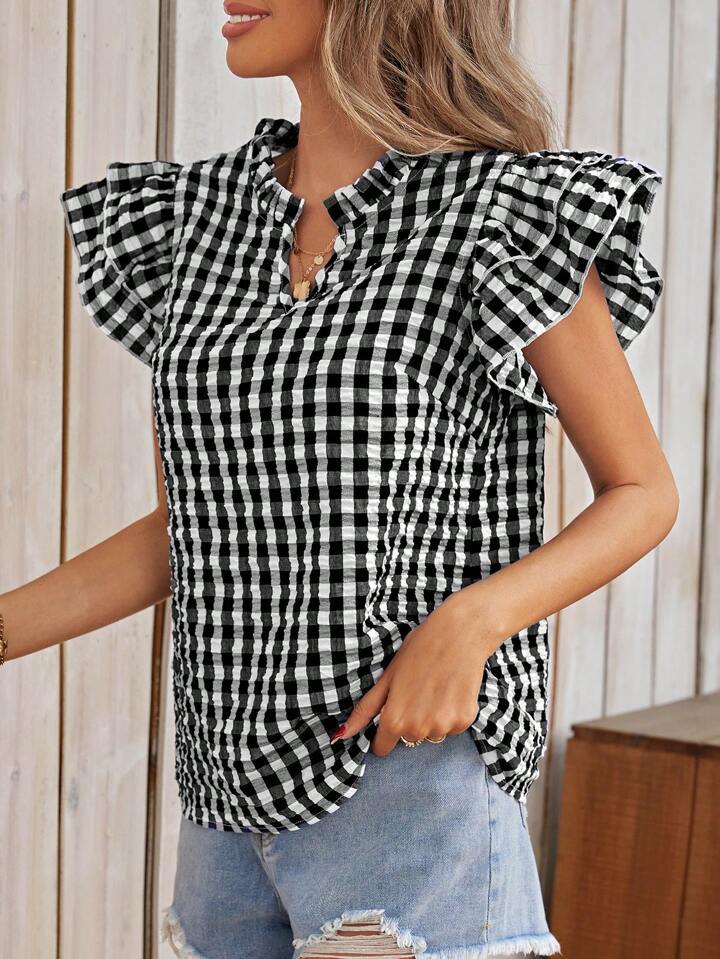 Summer Top Double Layer Ruffled Sweet Cute Women Clothing Plaid Short Sleeve