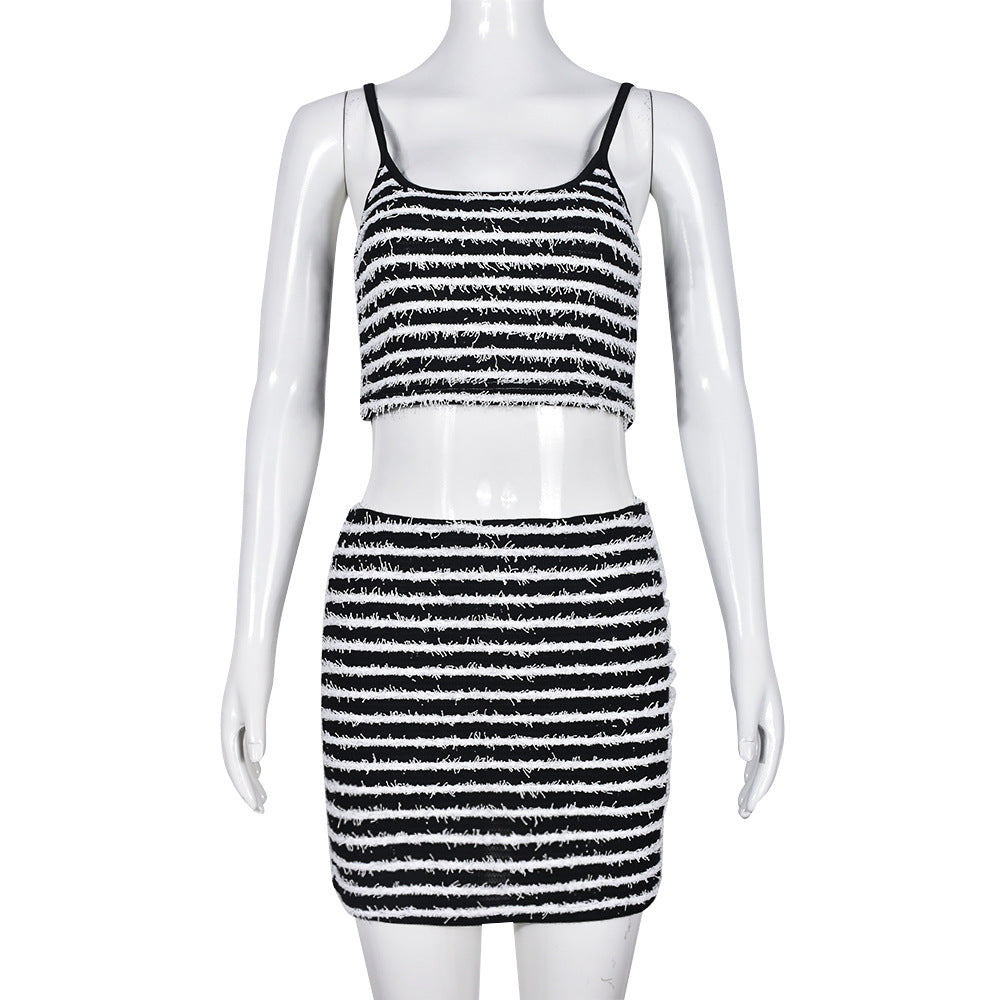 Self Designed Women Clothing Hollow Out Cutout Cropped Contrast Color Sling Top Skirt Two Piece Set