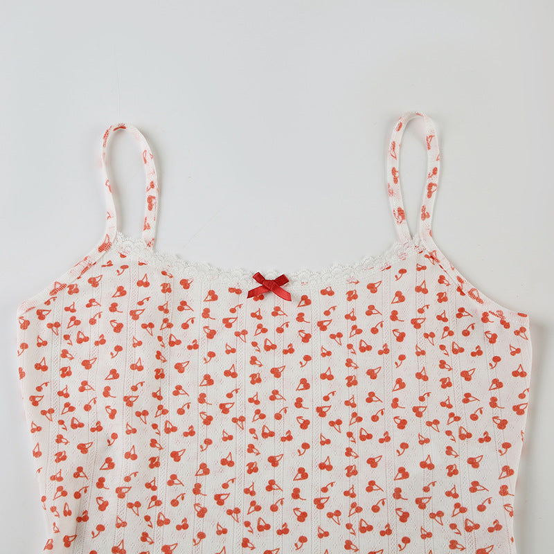 Cute Little Cherry Print Stitching Lace Girl Pajamas Pajamas Shorts Two Piece Set