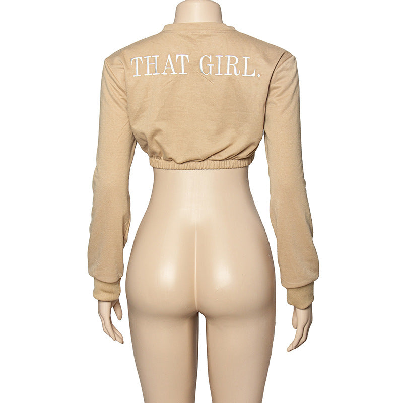 Sexy Autumn Solid Color Round Neck Embroidered Letter Graphic Long Sleeve Short Cropped Women Sweatshirt