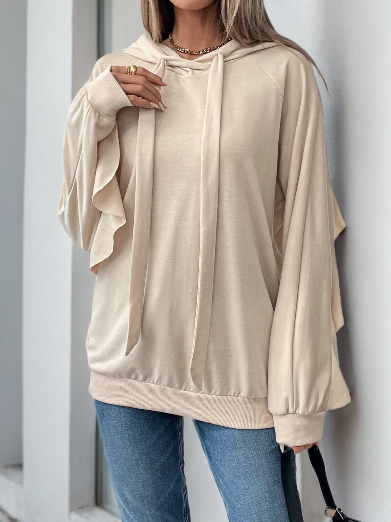 Hoodie With Drawstrings Ruffled Long Sleeve Pocket Solid Color Hoodie Autumn Winter Women