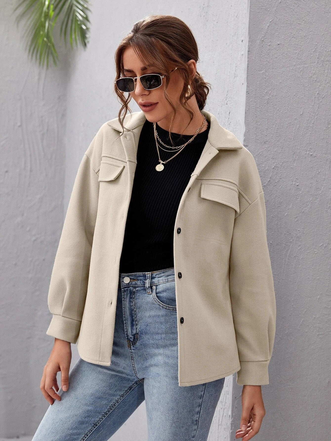 Autumn Winter Woolen Coat Single-Breasted Padded Shirt All-Match Solid Color Baggy Coat Women
