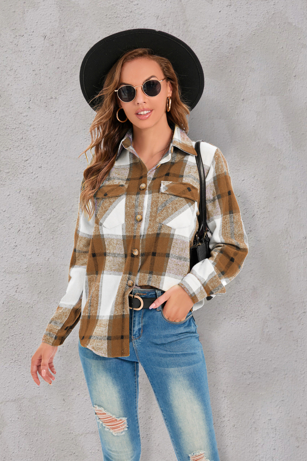 Popular Jacket Long Sleeved Plaid Button Shirt Top for Women