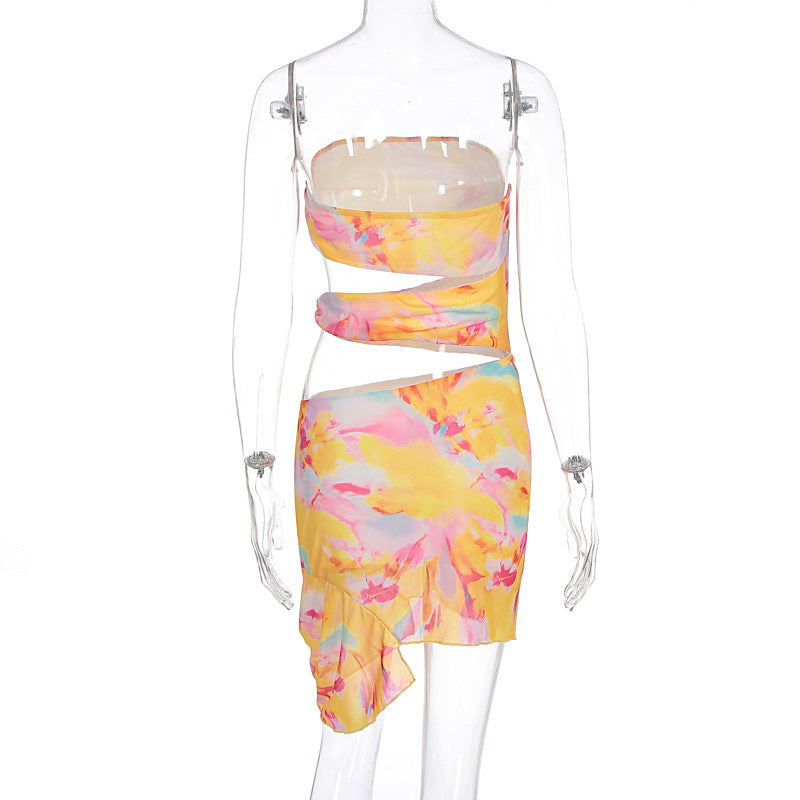 Women Clothing Summer Printed Sexy Beach Holiday off Shoulder Tube Top Package Hip Dress