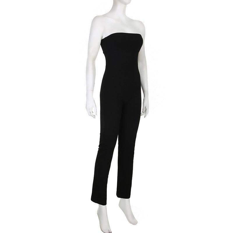 Women Clothing Basic Solid Color Slim Fit Tube Top off Neck Waist Tight Sports Casual Yoga One Piece Trousers