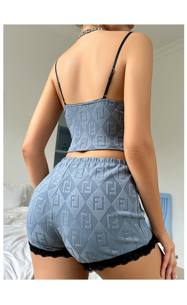 Lace Stitching Jacquard Pajamas Set Sexy Suspender Shorts Pajamas Two Piece Sets