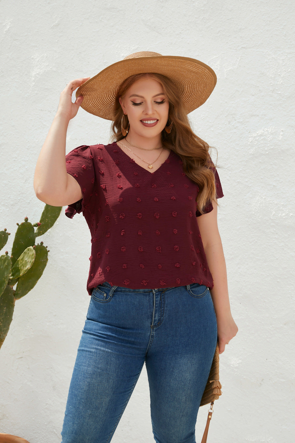 Plus Size Loose Fitting Casual T shirt Spring Summer Women Clothing V neck Fur Ball Short Sleeve Office Top