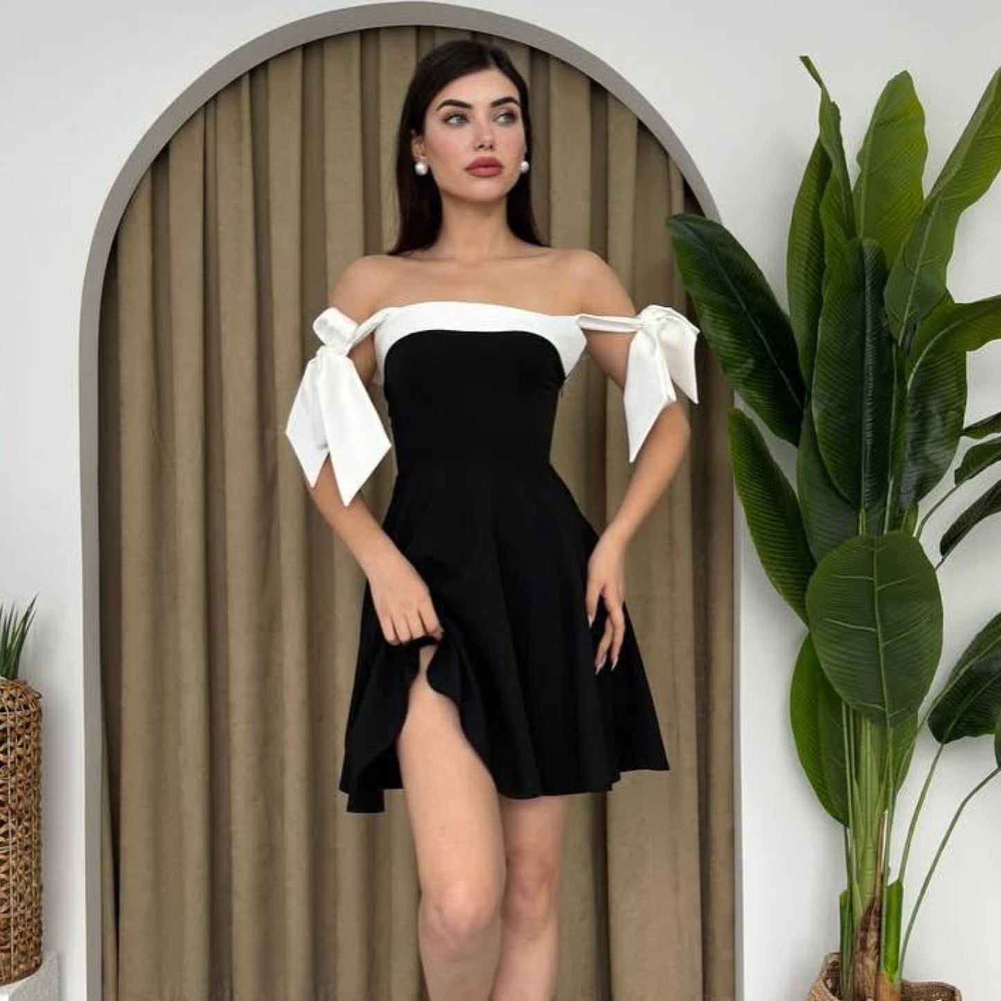 Summer Women Clothing Elegant Stitching Lace up Square Neck Cinched Slimming Dress