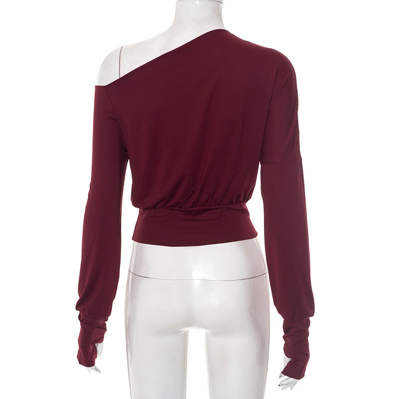 Women Clothing Summer Elegant Shoulder Long Sleeve Waist Tight Solid Color Top