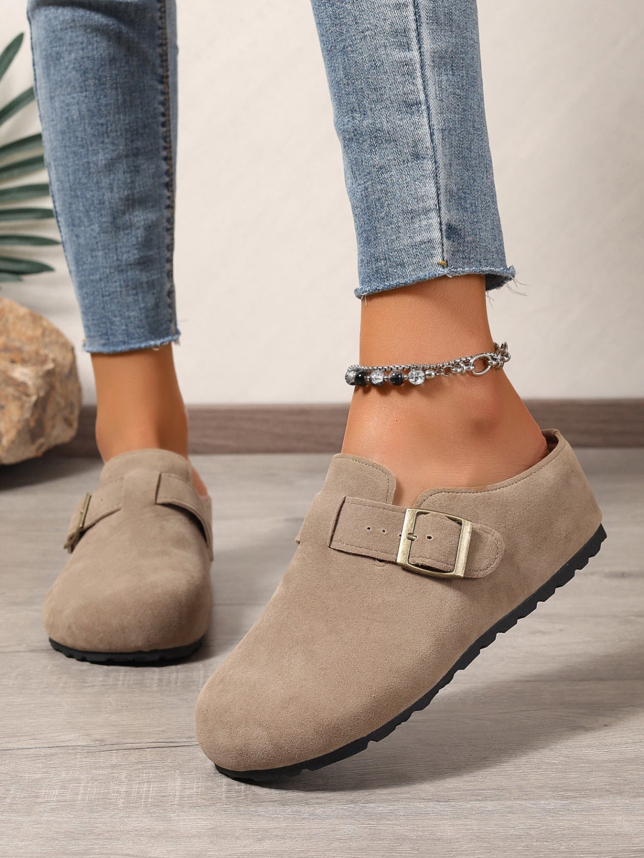 Belt Buckle Closed Toe Birkenstock Half Slippers Women Outer Wear French Slip on Thick Bottom Back Open Shoes