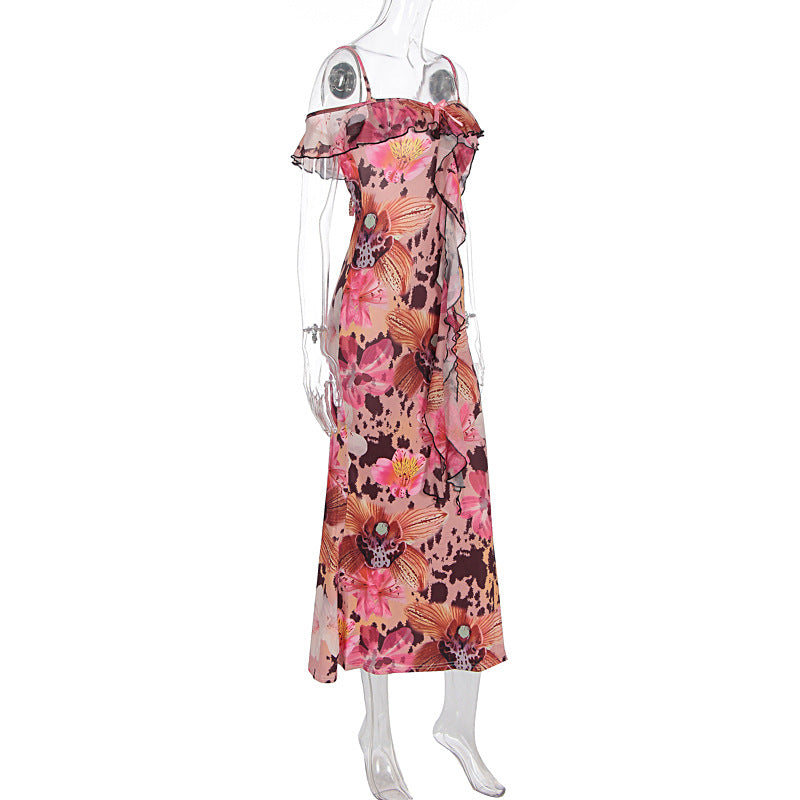 Summer Women Sexy Printed Ruffled Spaghetti Straps Slim Slimming Dress