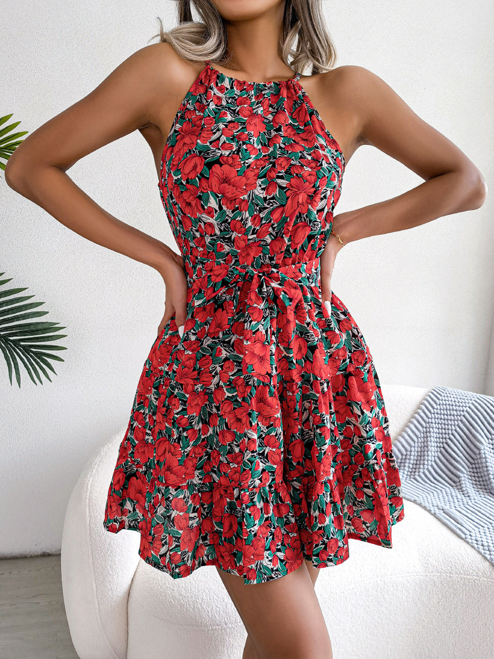 Spring Summer Casual Tied Lotus Leaf Large Swing Floral Dress Women Clothing