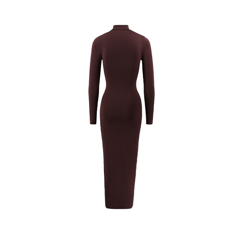 Autumn Elegant Socialite Private Clothes Stand Collar Long Sleeve Slim Sheath Split Dress Delivery