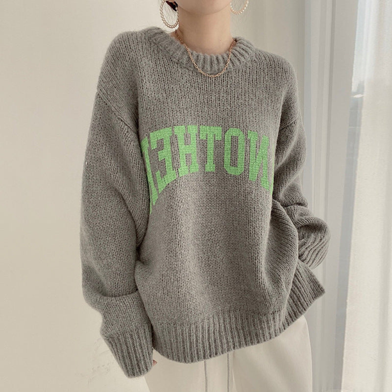 Korean Chic Western Candy Sweater Women Autumn Winter Loose Lazy Thick Round Neck Letter Graphic Sweater