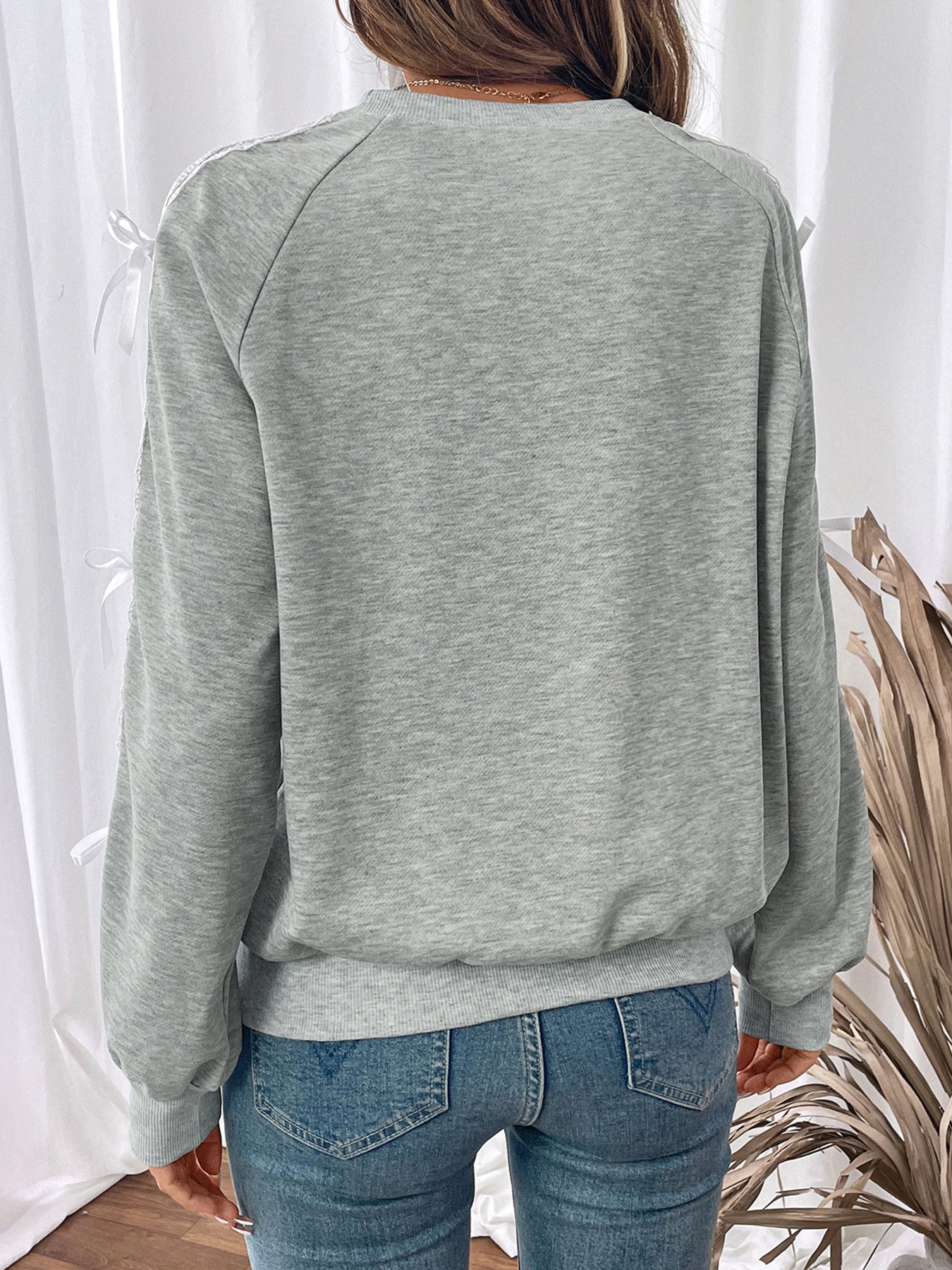 Casual Sweet Top Bow Lace Stitching Gray Long Sleeves Autumn Sweatshirts
