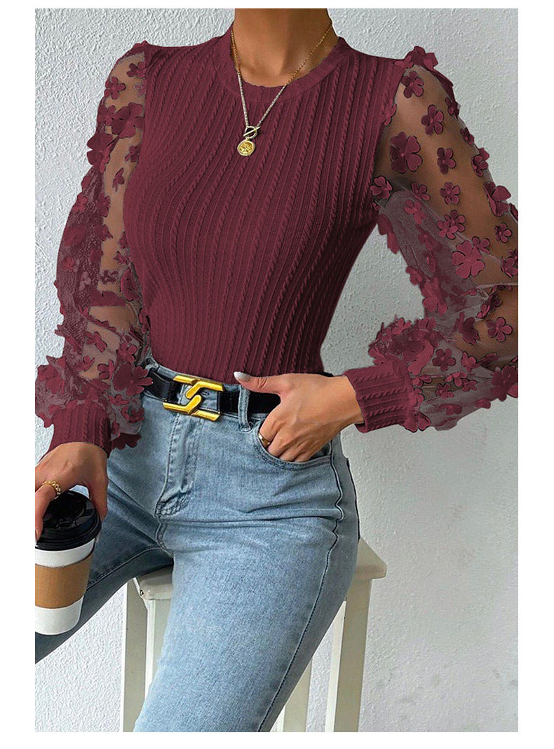 Women Mesh Small Floral Chiffon Shirt Women Spring Summer round Neck Slimming Pullover Long Sleeve Top