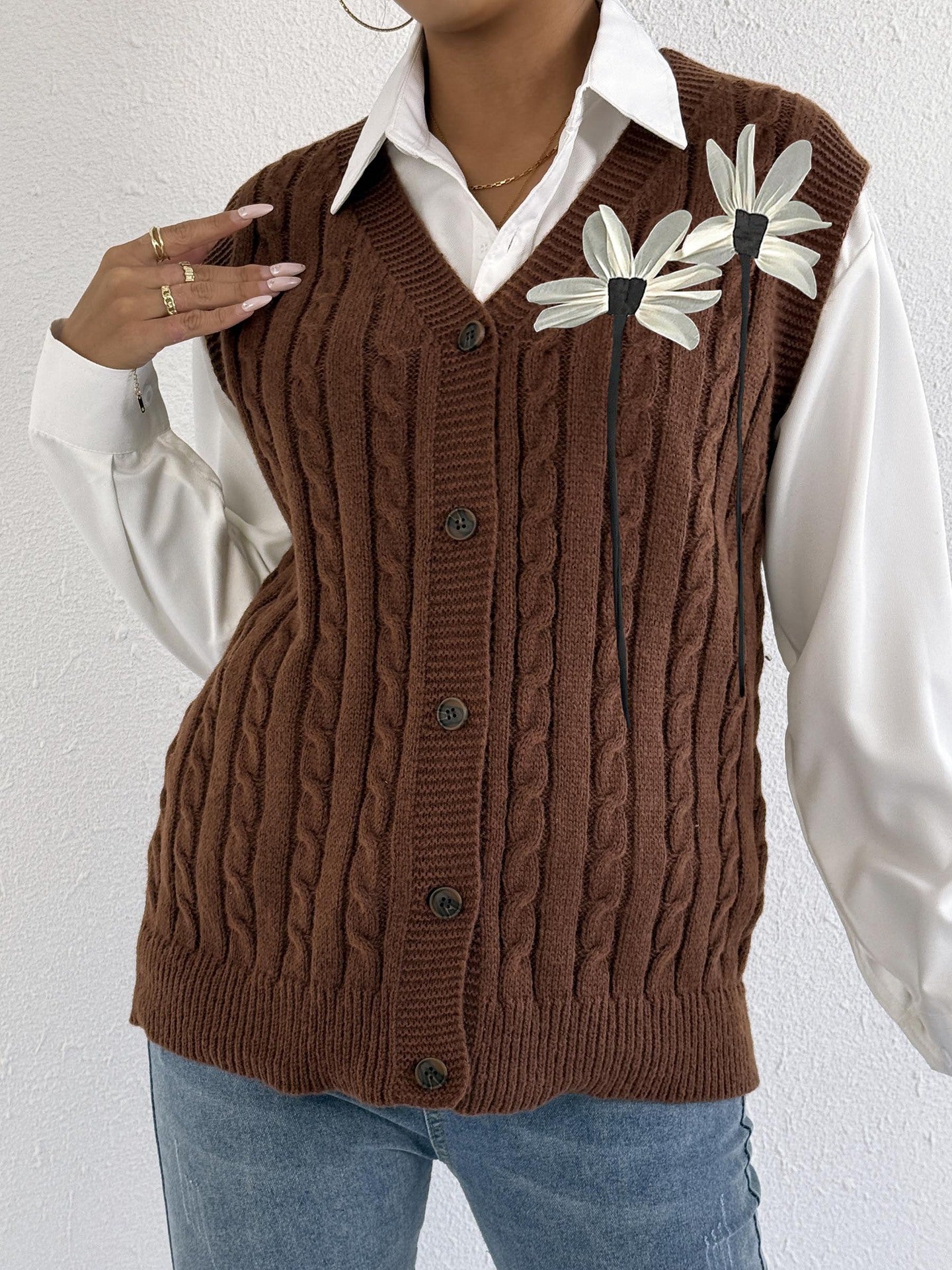 Women Knitted Cardigan Autumn Winter Women Clothing Casual Outerwear Vest Twist Woven Sweater Three Dimensional Floral Stitching Vest