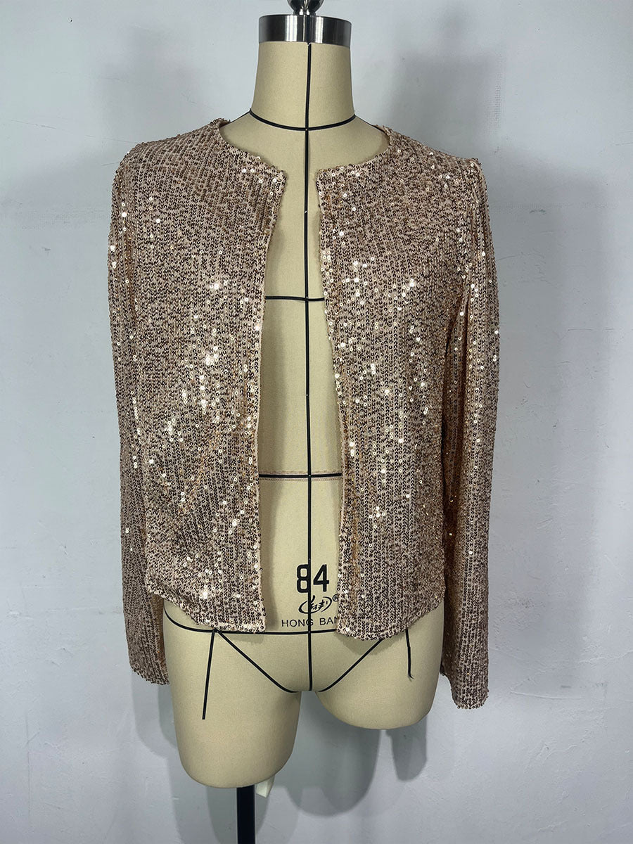 Women Autumn Round Neck Long Sleeve Solid Color Cardigan Casual All Match Sequin Coat