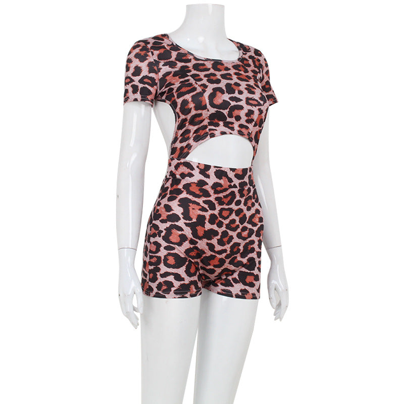 Summer Women Sexy Leopard Print Short Sleeve Backless Romper Sexy Jumpsuit for Women