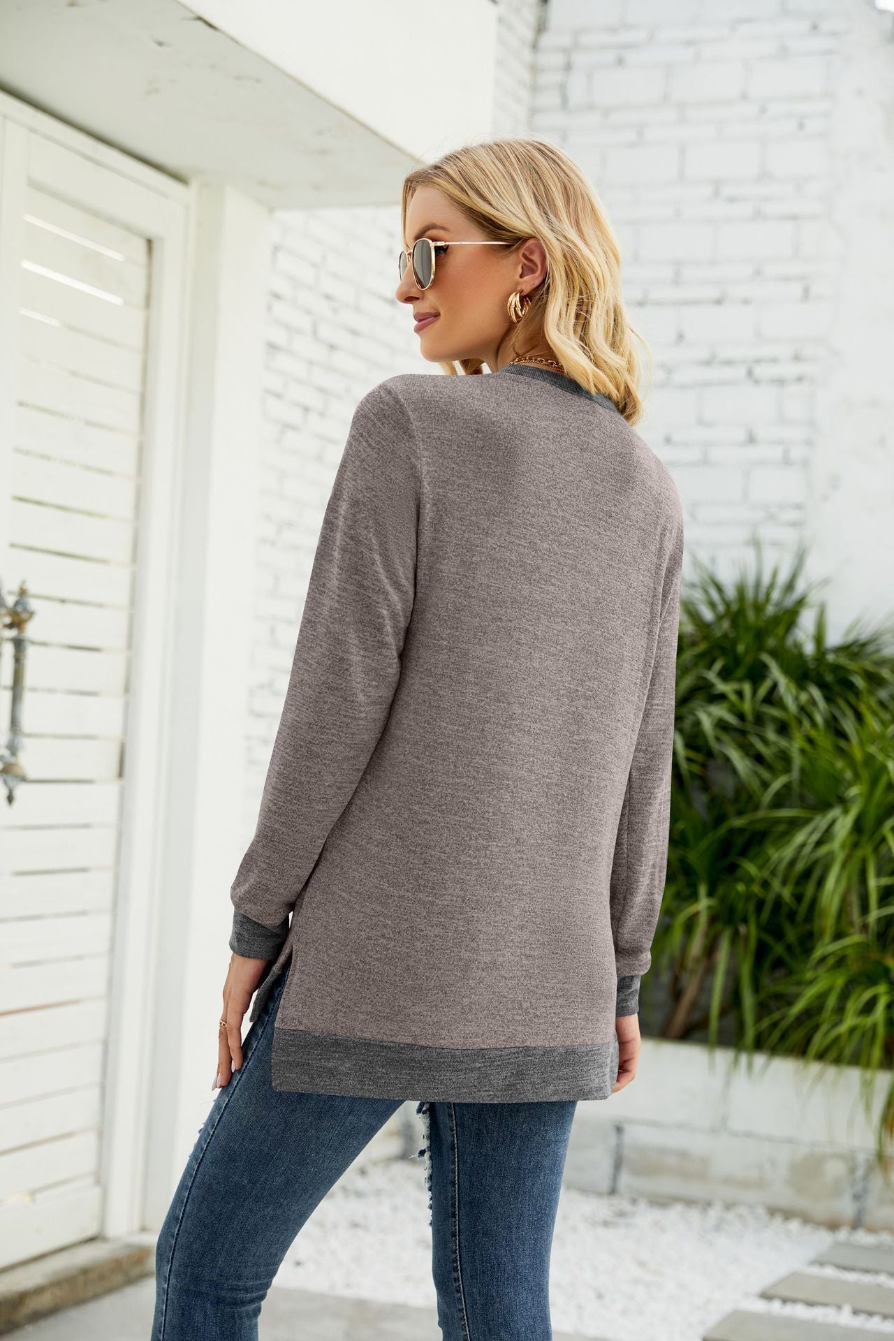 Women Clothing round Neck Multicolor Pocket Long Sleeve Pullover Top Loose-Fitting Casual T-shirt