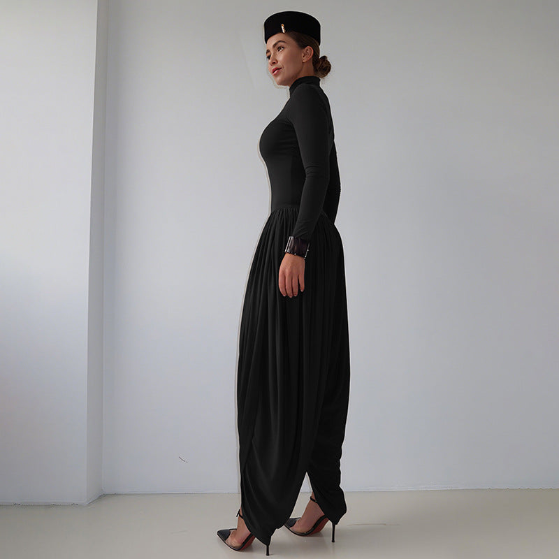 Fall Women Clothing Slim Fitting Cool Turtleneck Solid Color Long Sleeve Pleated High Waist One Piece Trousers Women