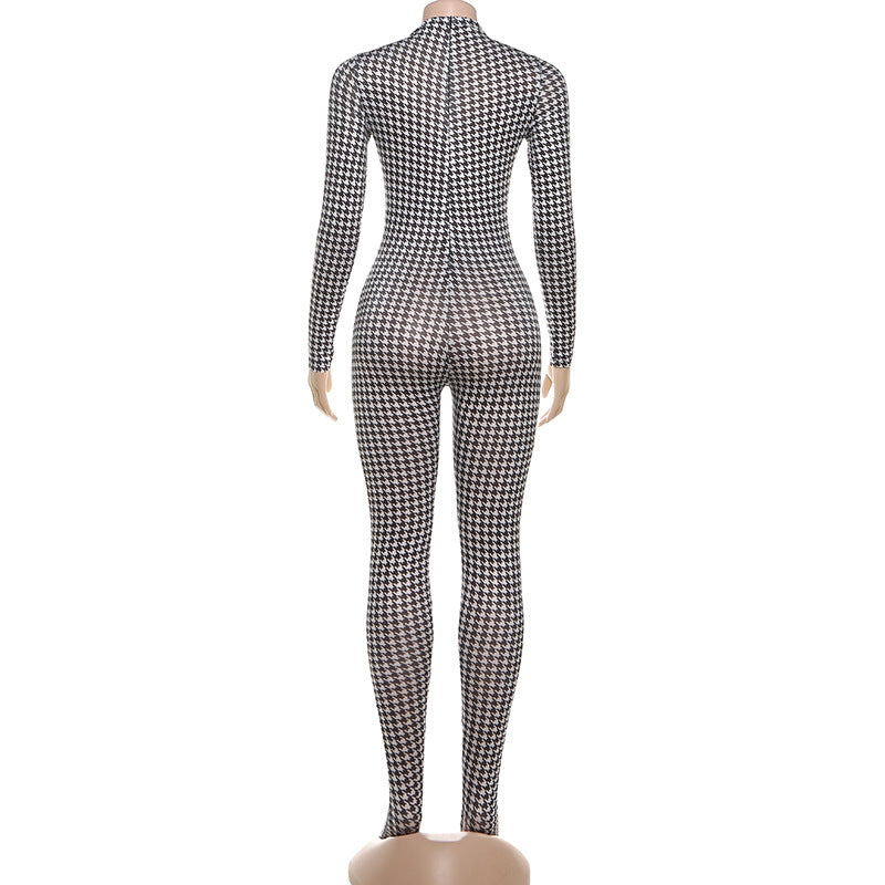 Autumn Winter Women Clothing Printed Turtleneck Long Sleeve Sexy High Waist Slim Fit Bodysuit