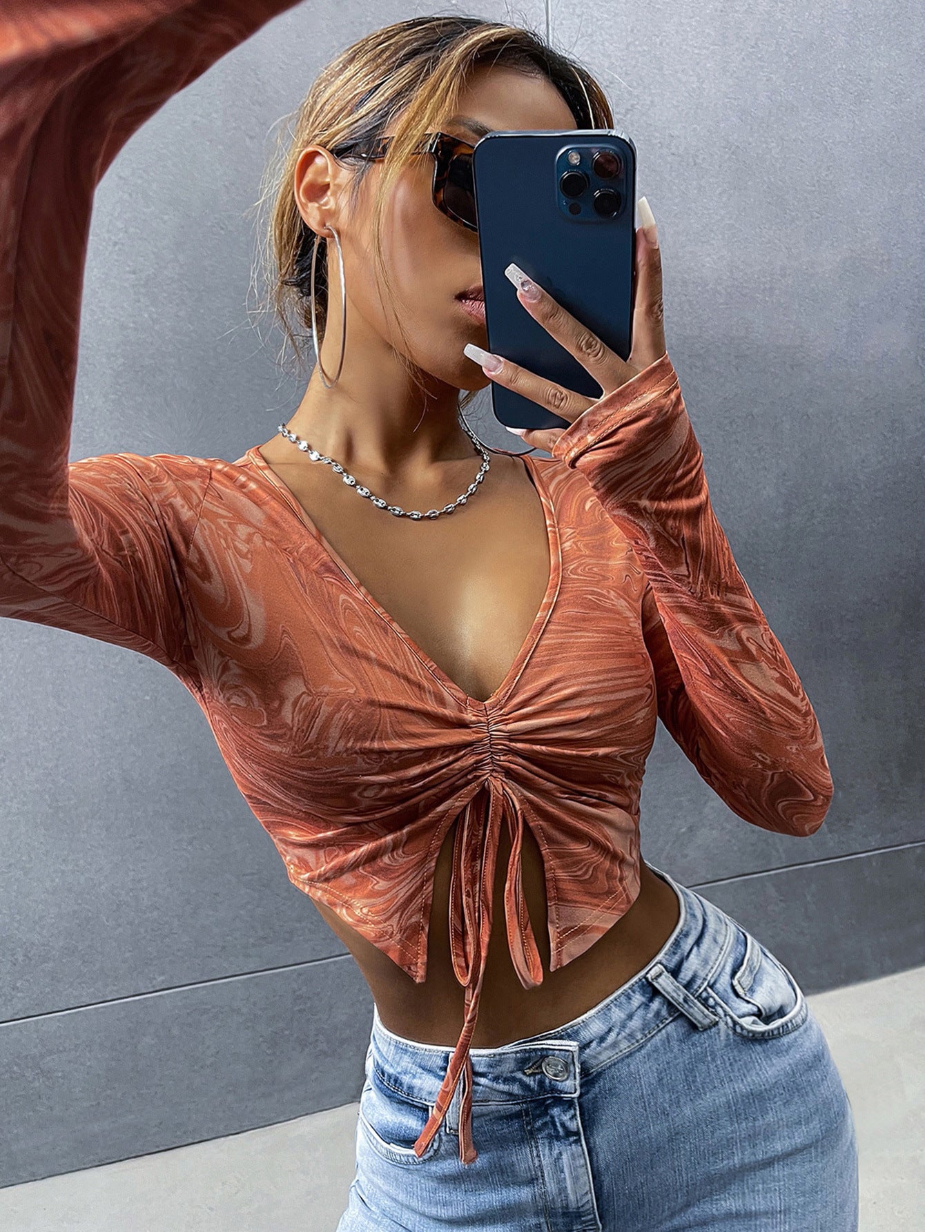 Women V neck Long Sleeve Drawstring Slim Fit Cropped Top Breathable Pleated Solid Color Simple Sweet T shirt Women Casual Spring Autumn Top