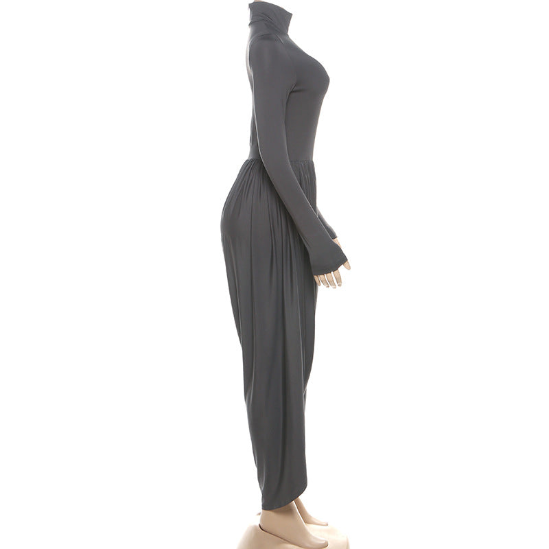Fall Women Clothing Slim Fitting Cool Turtleneck Solid Color Long Sleeve Pleated High Waist One Piece Trousers Women