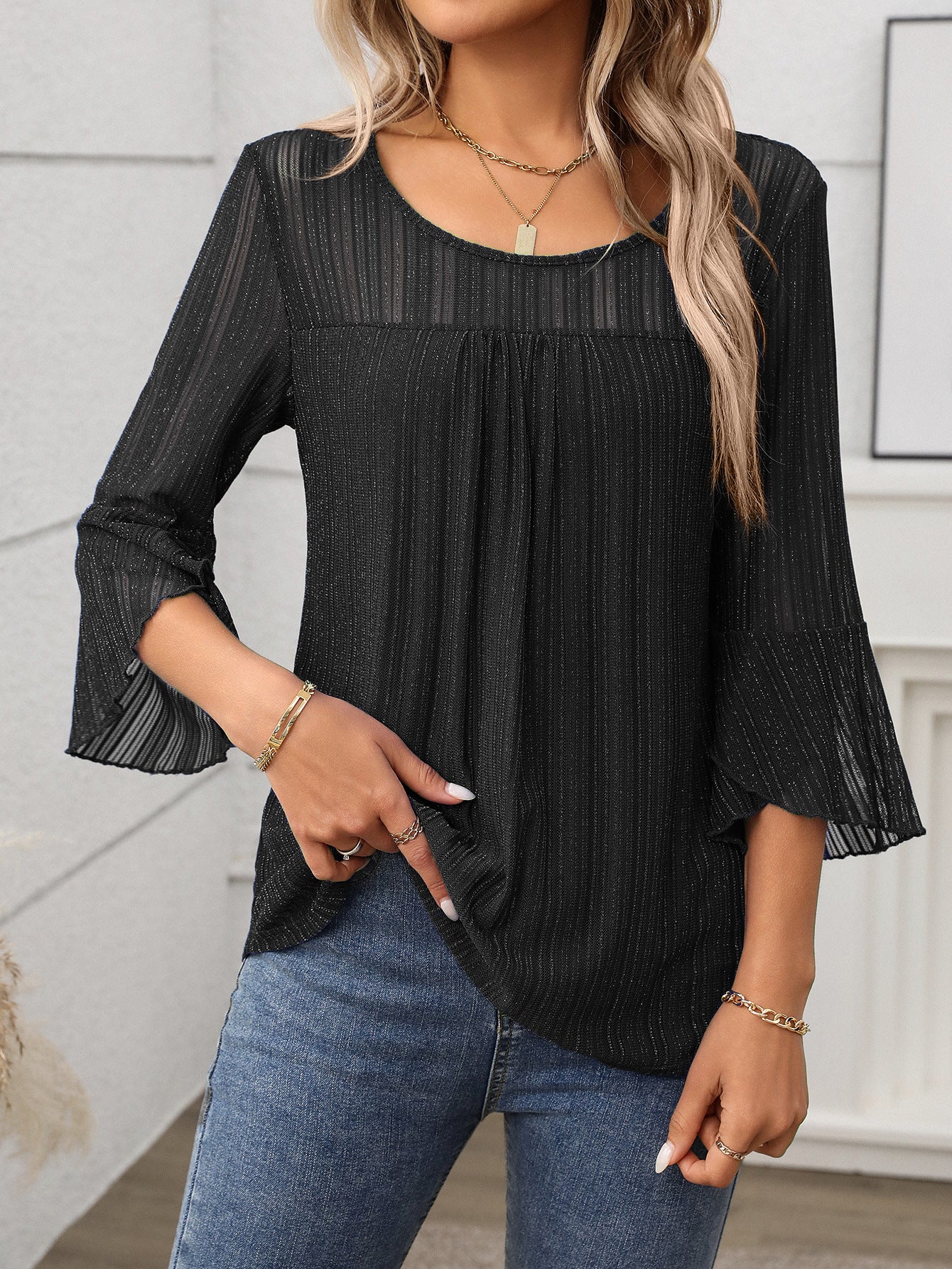 Women Clothing Elegant round Neck Ruffle Sleeve Shiny Mesh Top