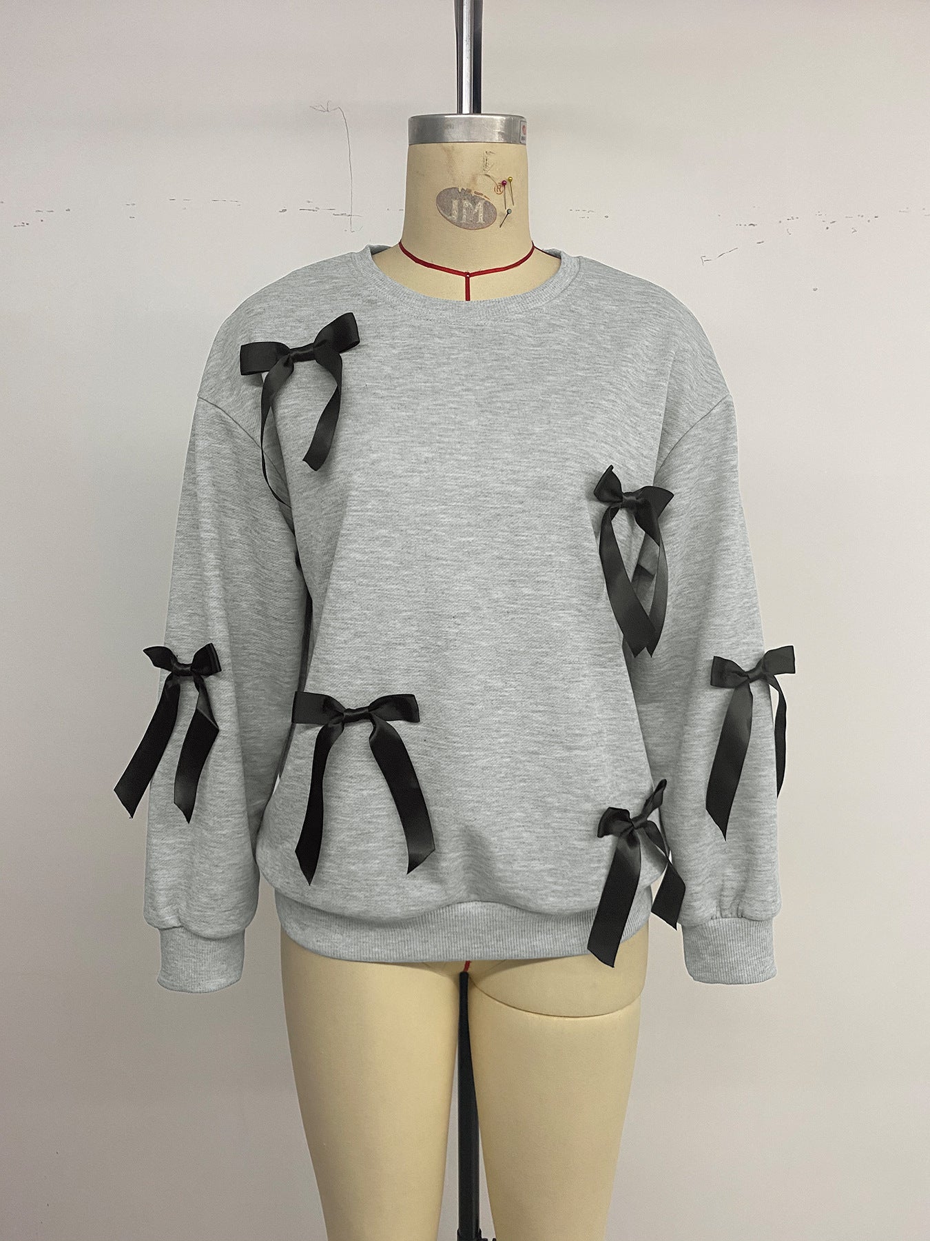 Autumn Casual Sweet Top Bow Decoration Gray round Collar Sweater Women