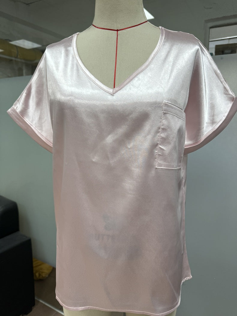 Women Satin V neck Pocket T shirt Curling Short Sleeve Loose Casual Top