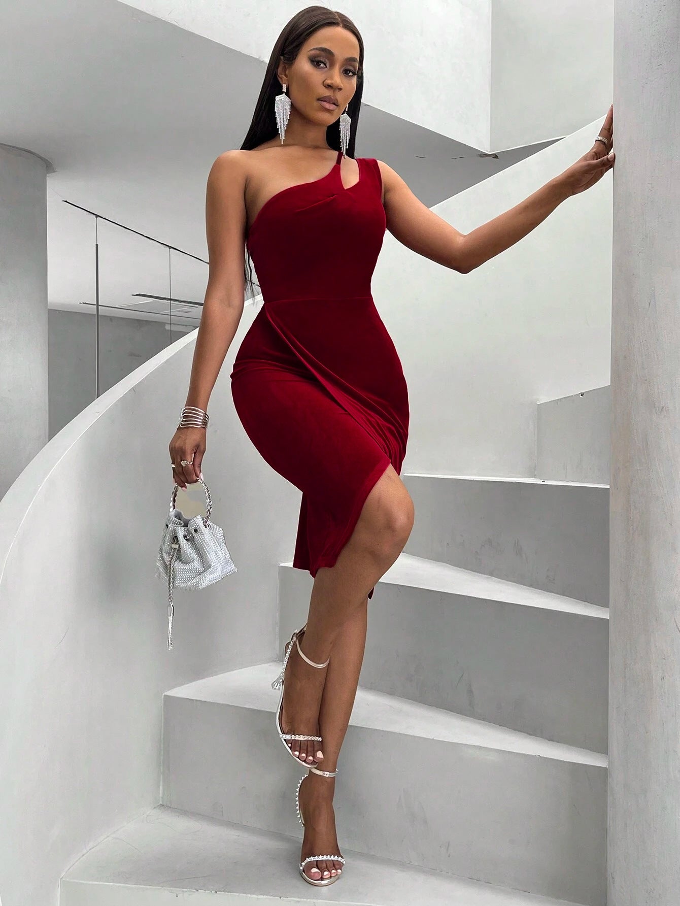 Sexy Sexy Velvet Slim Fit Slimming Sense of Design One Shoulder Hip Dress