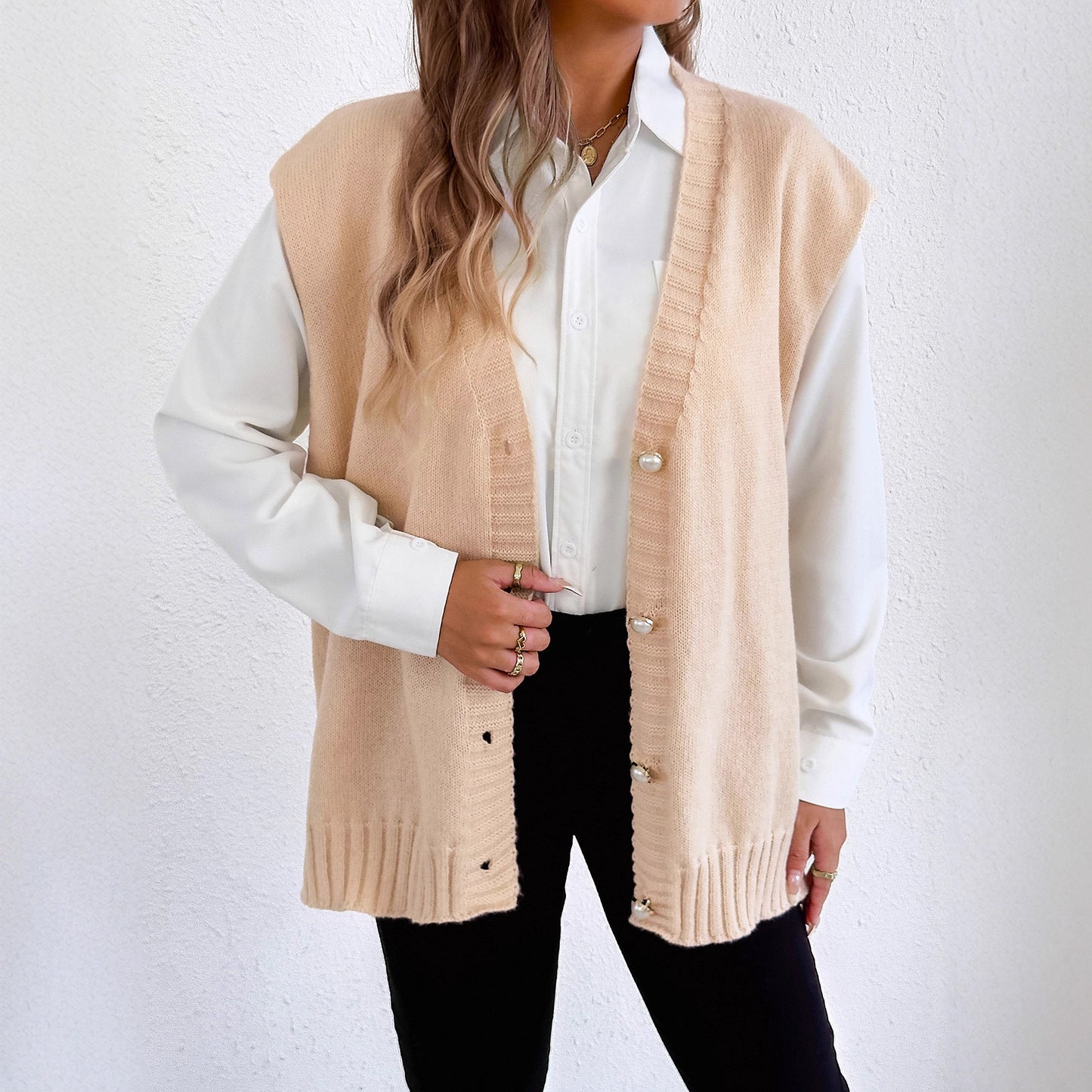 Women Top Autumn Winter Vest Women Clothing Pearl Buckle Loose Casual Cardigan Sweater Vest