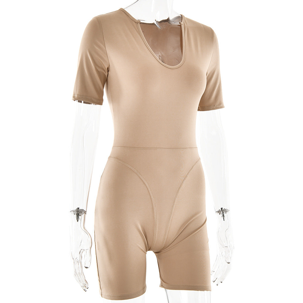 Popular Sexy Tight Jumpsuit Spring Summer Short Sleeve V Neck Patchwork Bottoming Shirt Women