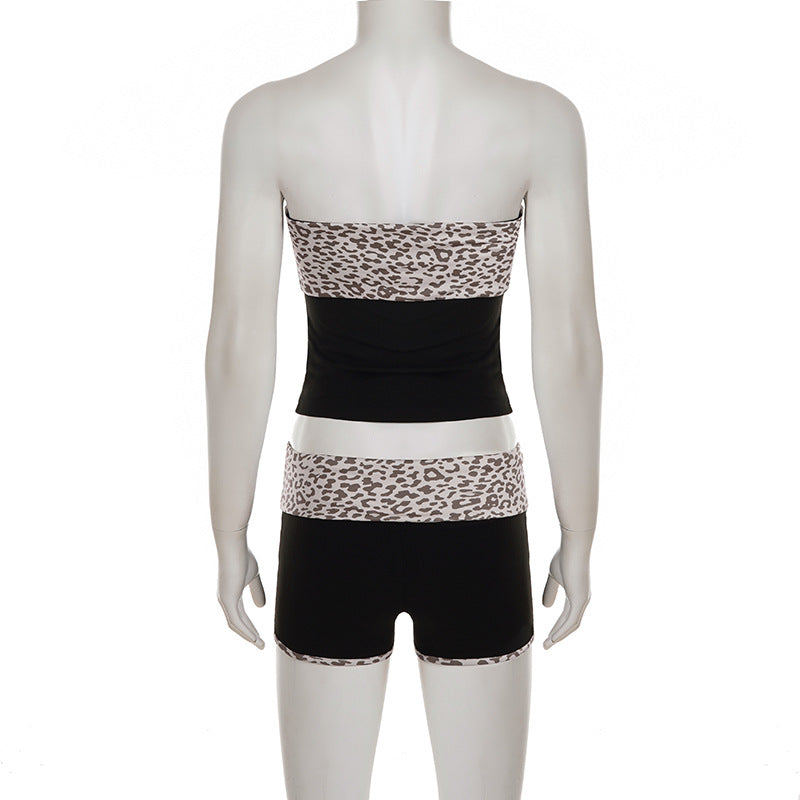 Sexy Women Wear Leopard Splicing Casual Tube Top Shorts Set Slimming Top Hip Boxer Shorts Two Piece Set
