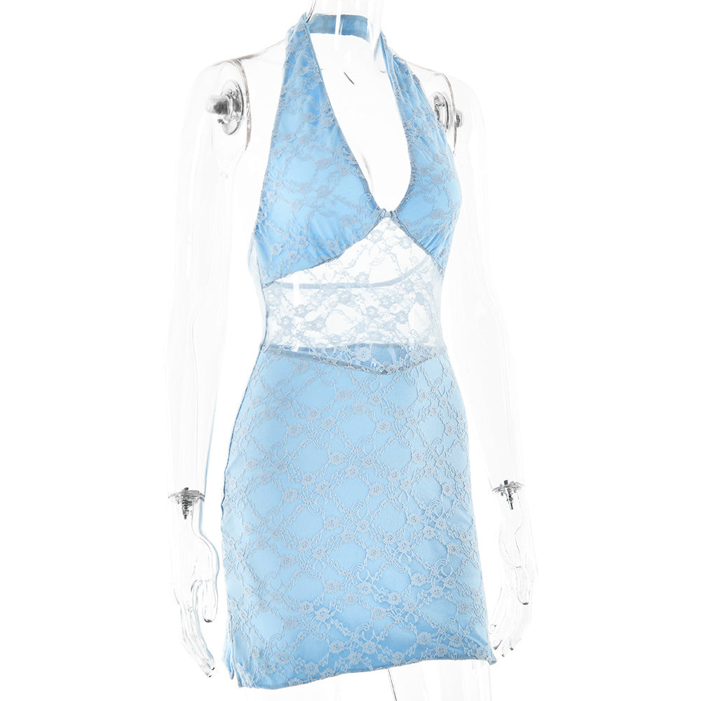 Spring Dress Sexy Trend V neck Halter Lace Stitched Backless Dress