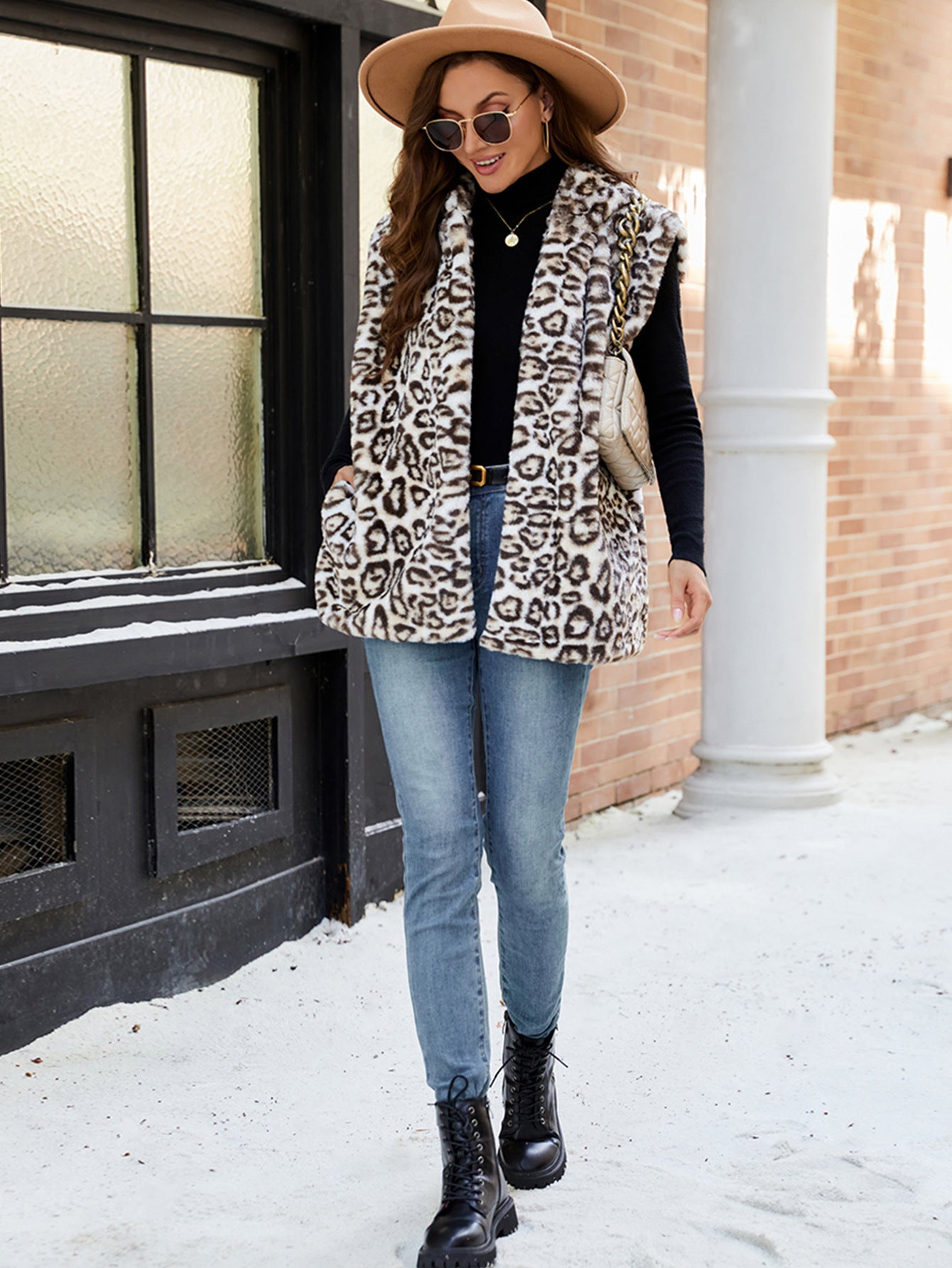 Fur Leopard Print Winter Mid Length Faux Fur Vest Warm Vest Women Vest