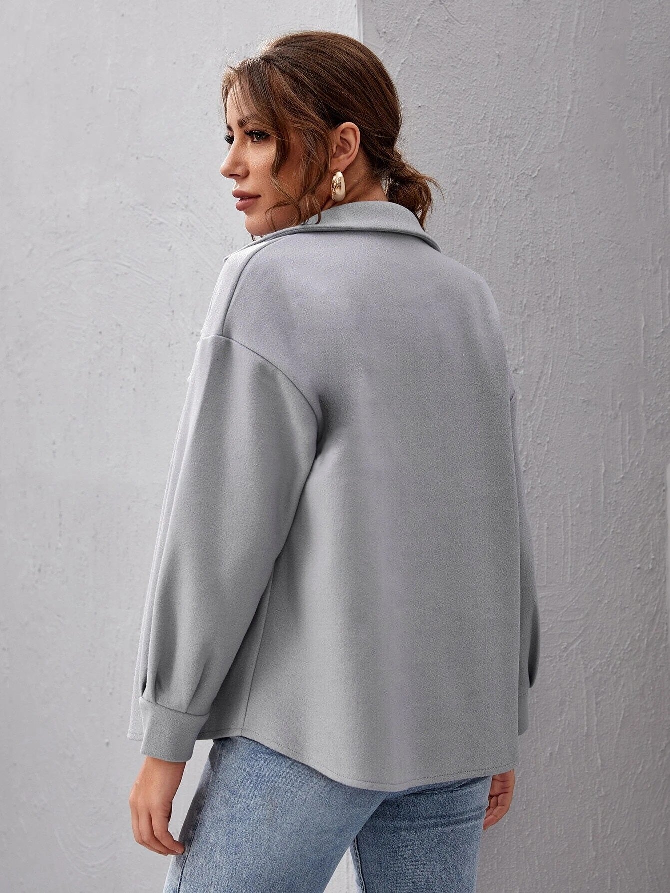 Autumn Winter Woolen Coat Single-Breasted Padded Shirt All-Match Solid Color Baggy Coat Women