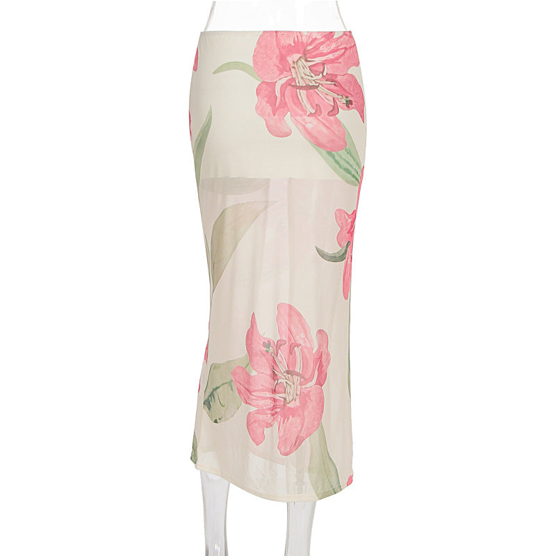 Summer Dopamine Beach Vacation Sexy Printed Mesh Sheath Skirt