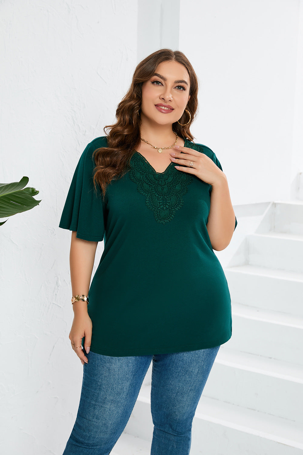 Plus Size Women Clothes Flared Sleeves Short Sleeved T Shirt Lace Patchwork Top Women Clothing