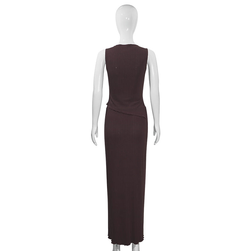 Summer Solid Color round Neck Unrepaired Irregular Asymmetric Top High Waist Dress Slim Fit Two Piece Sets