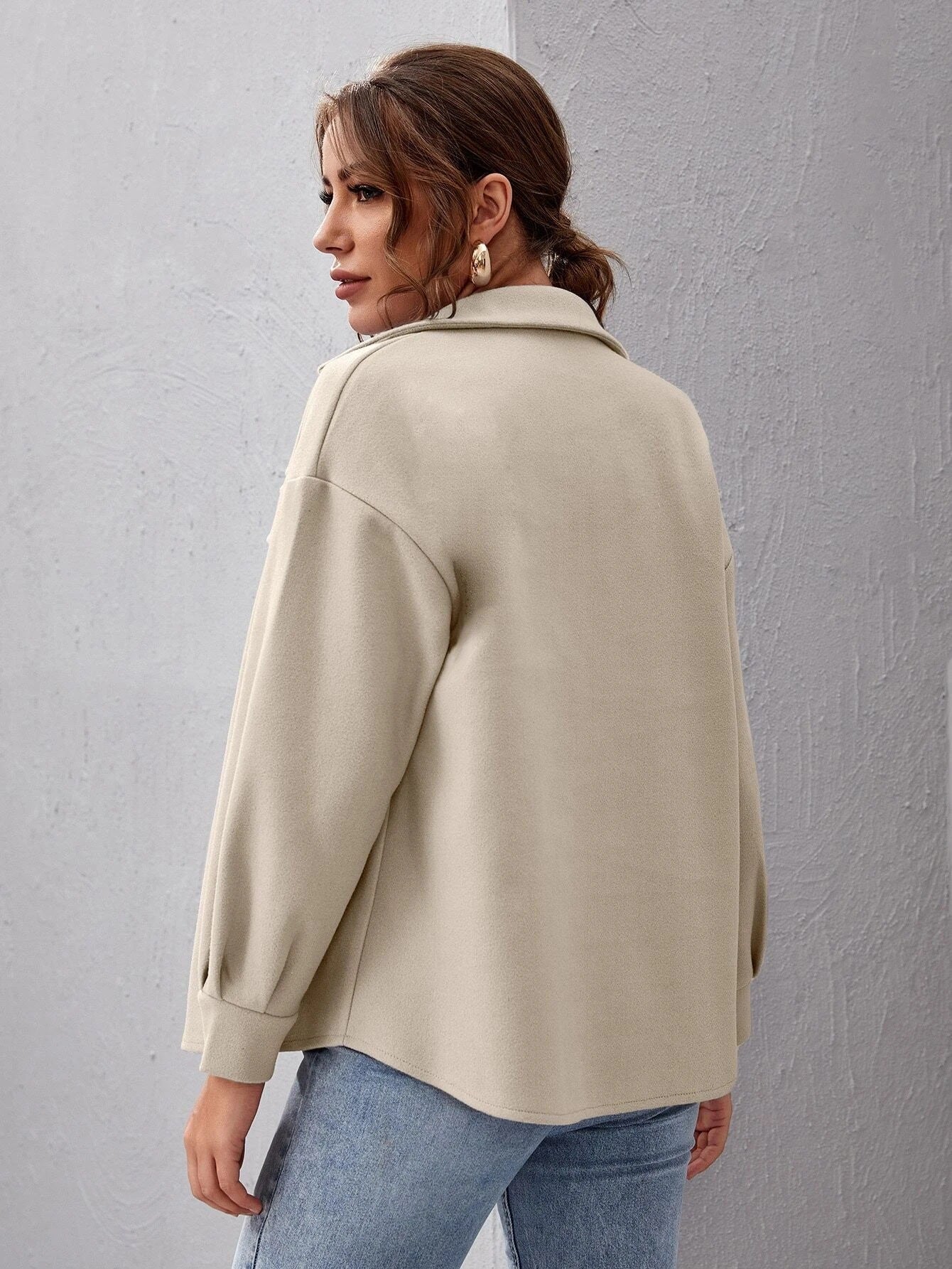 Autumn Winter Woolen Coat Single-Breasted Padded Shirt All-Match Solid Color Baggy Coat Women