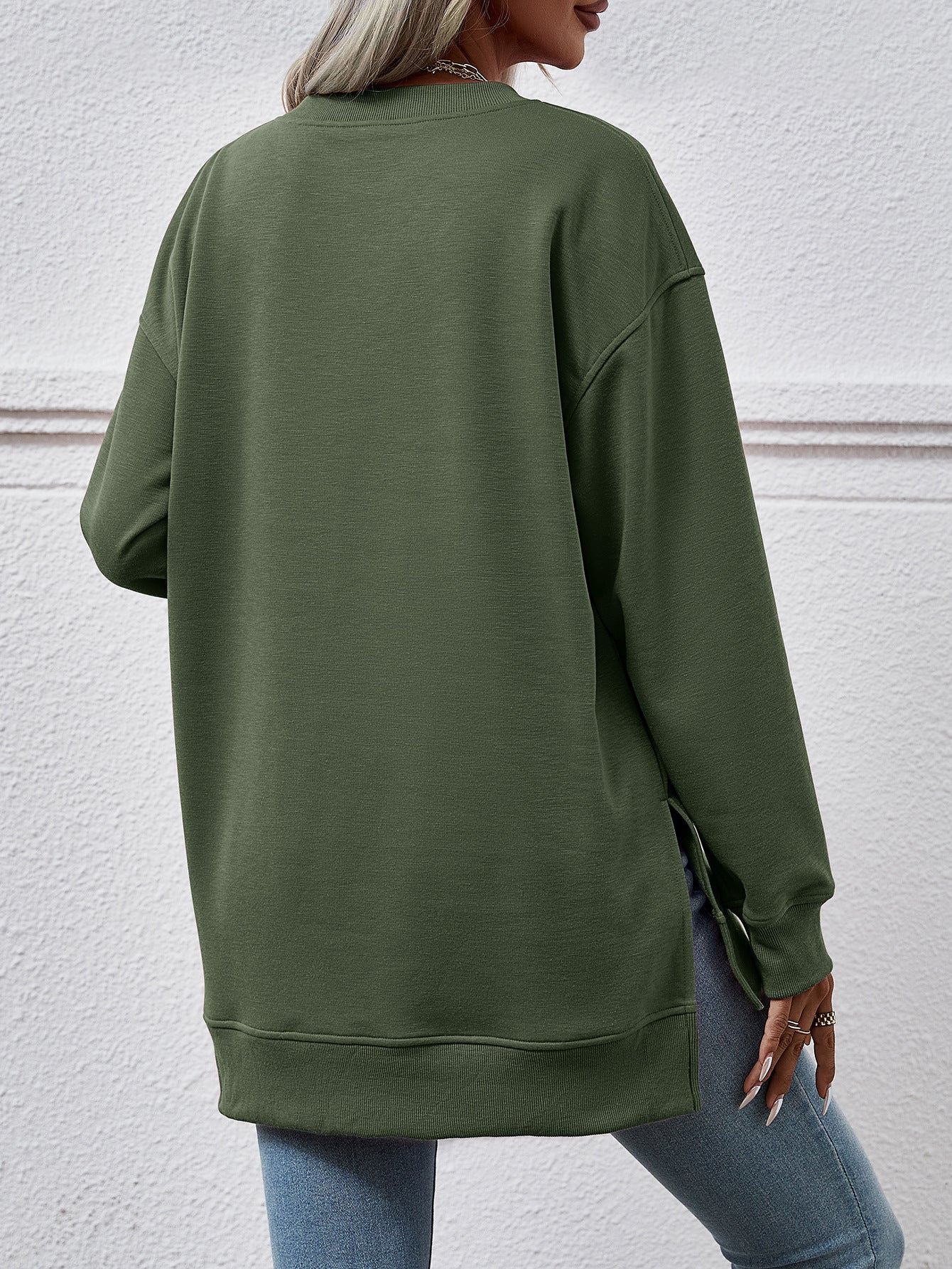 Autumn Winter Women Clothing Sweatshirt Solid Color V Neck Split Front Short Back Long Blouse