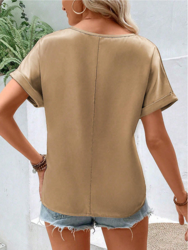 Women Satin V neck Pocket T shirt Curling Short Sleeve Loose Casual Top