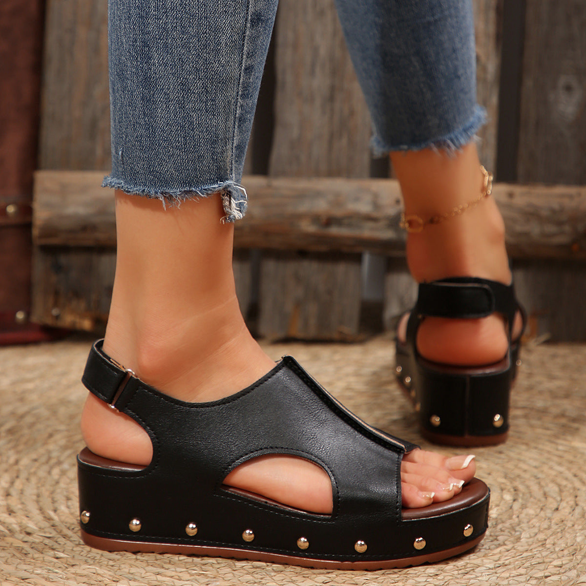 Platform Hollow Out Cutout Peep Toe Sandals Women plus Size Rivet Velcro Wedge Beach Sandals