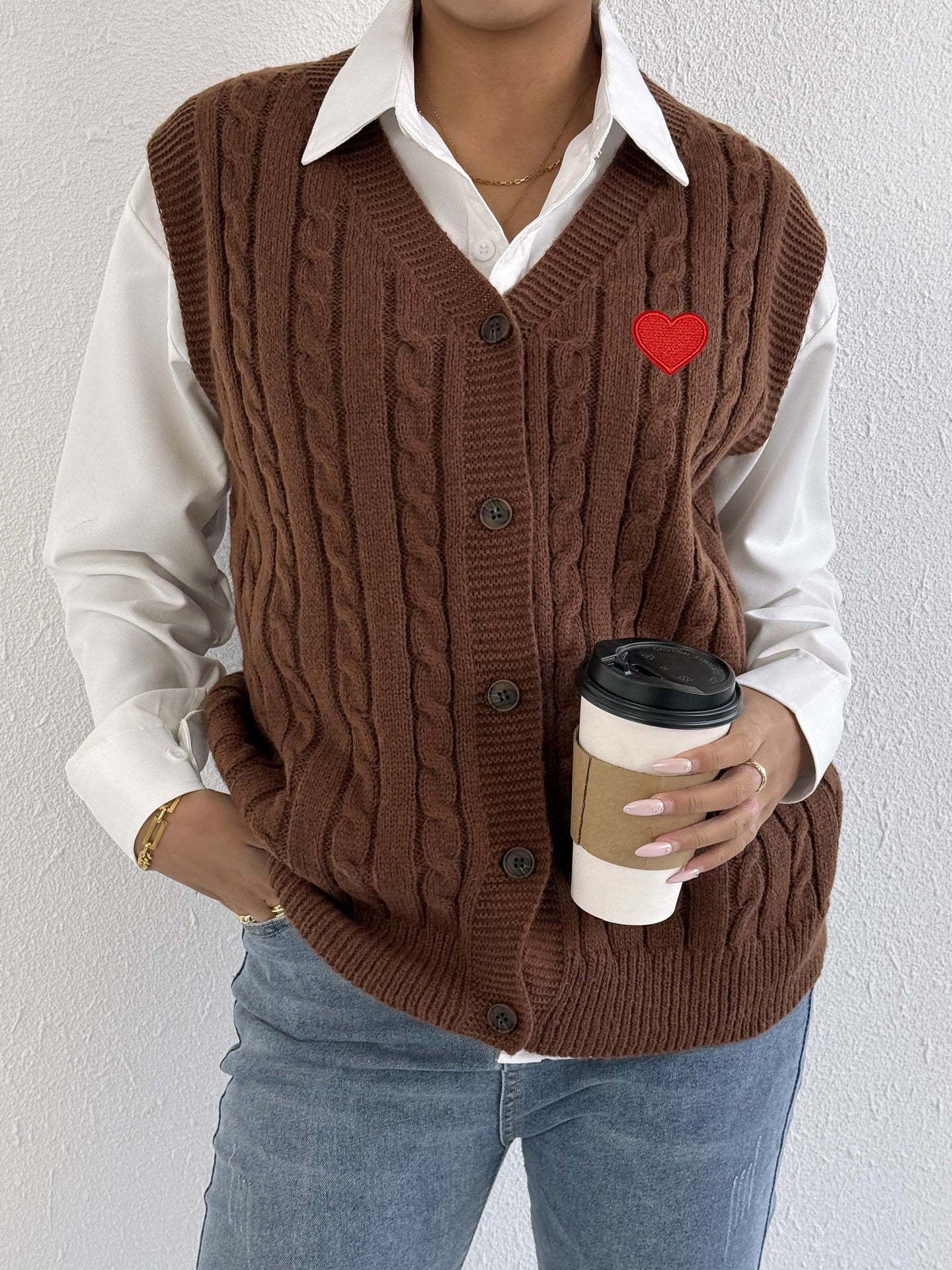Women Knitted Cardigan Autumn Winter Casual Outerwear Vest Twist Woven Sweater Three Dimensional Floral Stitching Vest