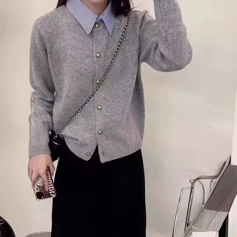 Spring Faux Two Piece Knitted Cardigan Sweater for Women Office Korean Shirt Collar Single Breasted Cardigan for Women
