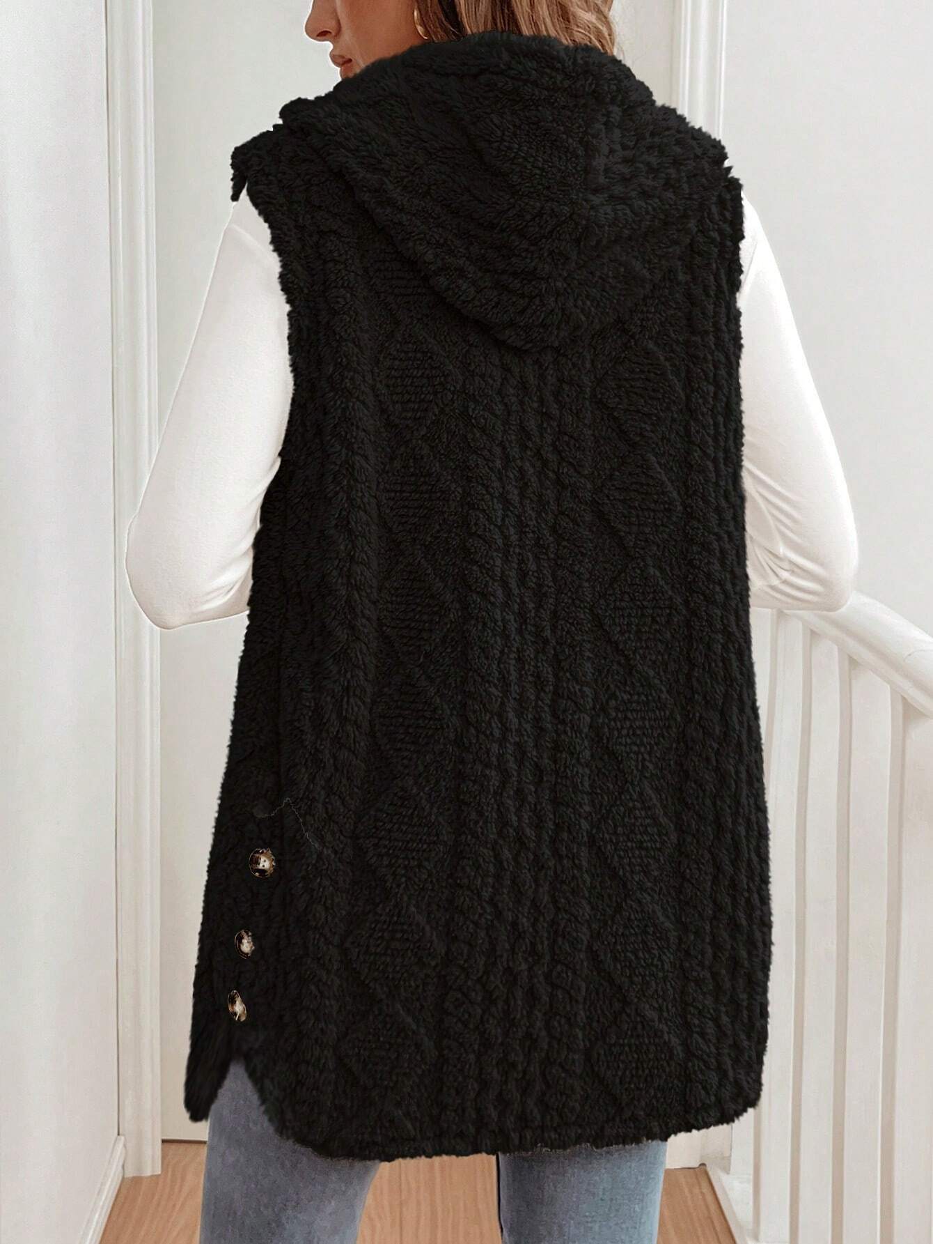 Autumn Winter Women Double Sided Plush Casual Hooded Cardigan Vest