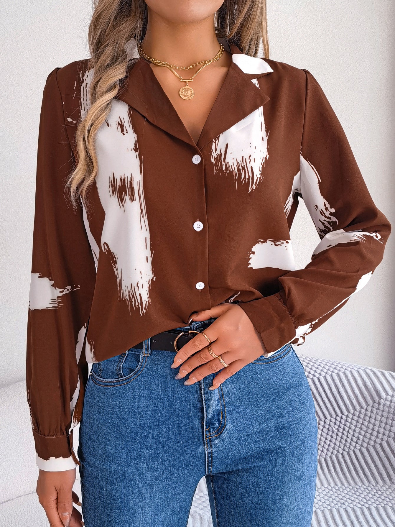 Autumn Winter Contrast Color Striped Collar Long Sleeve Shirt Women Clothing