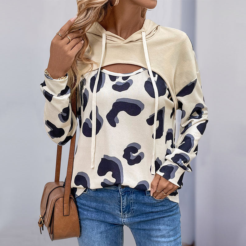 Autumn Pullover Hooded Top Lace Hollow Out Cutout out Stitching Hoodie Printed False Two Piece Sweatshirt